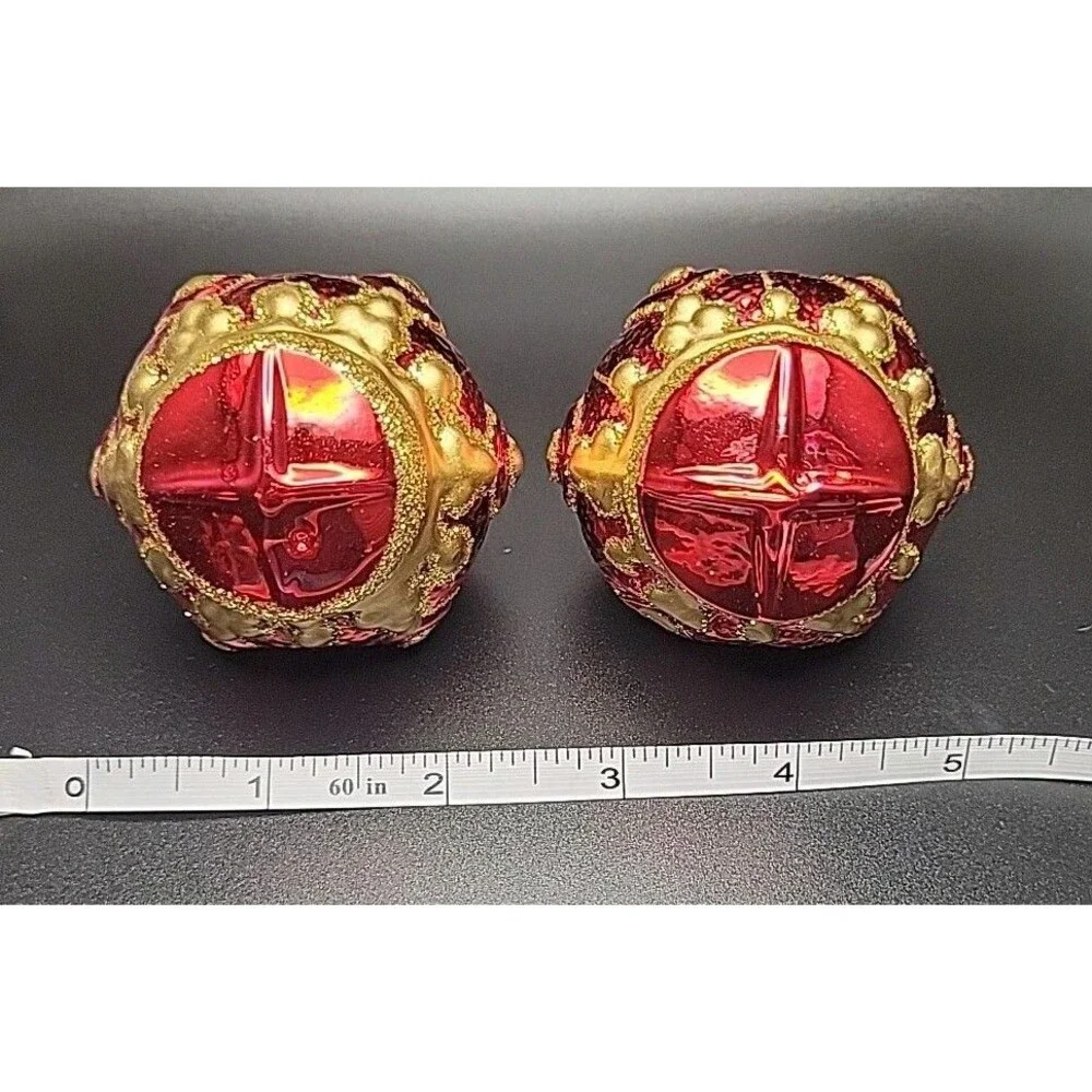 Vtg Czech Republic Blown Glass Crown Christmas Ornaments Red Gold Set of 2 EUC